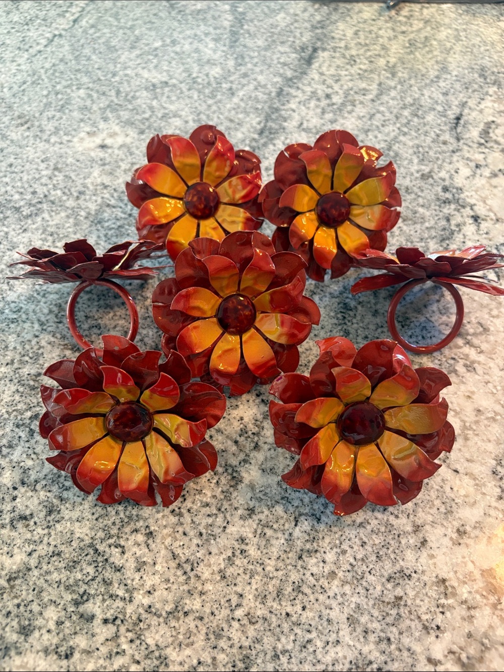 Pier 1 Red and Yellow Floral Metal Napkin Rings - Set of 7